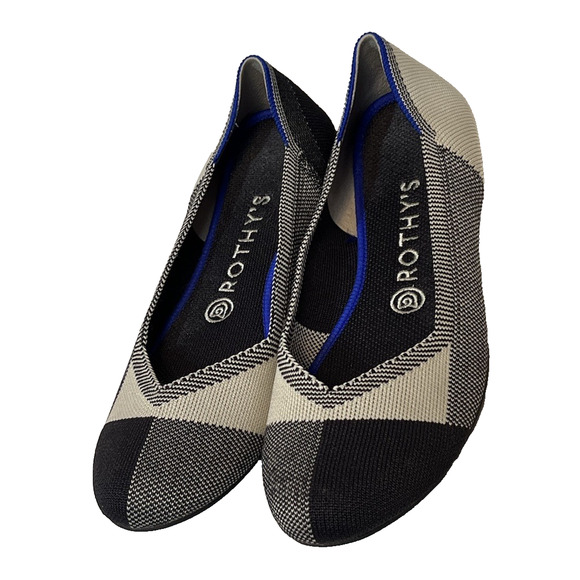 ROTHYS Size 8.5 “THE FLAT” Retired BUFFALO PLAID‎ Round Cap Toe Blk/Wht Slip On - Picture 2 of 9